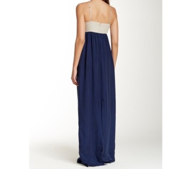 L'AGENCE Navy Summer Silk Maxi Dress with Silver Linen Bodice, Size S - Picture 2 of 15